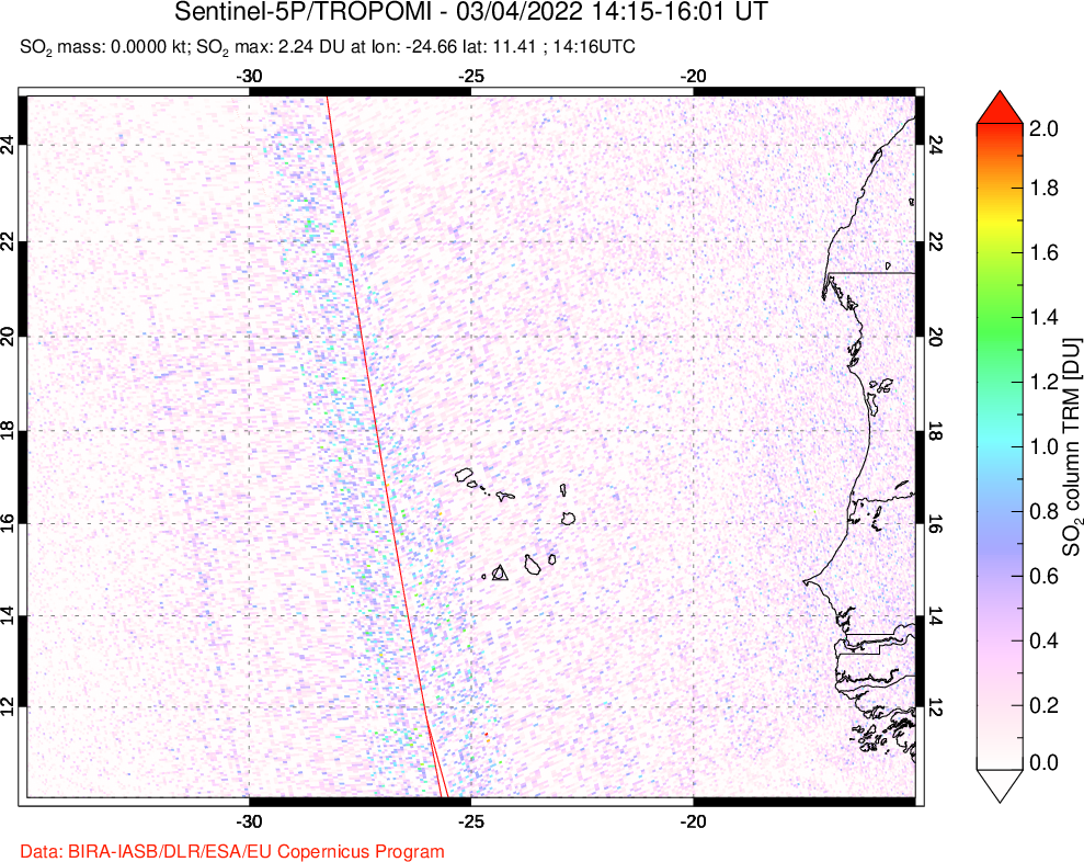 A sulfur dioxide image over Cape Verde Islands on Mar 04, 2022.