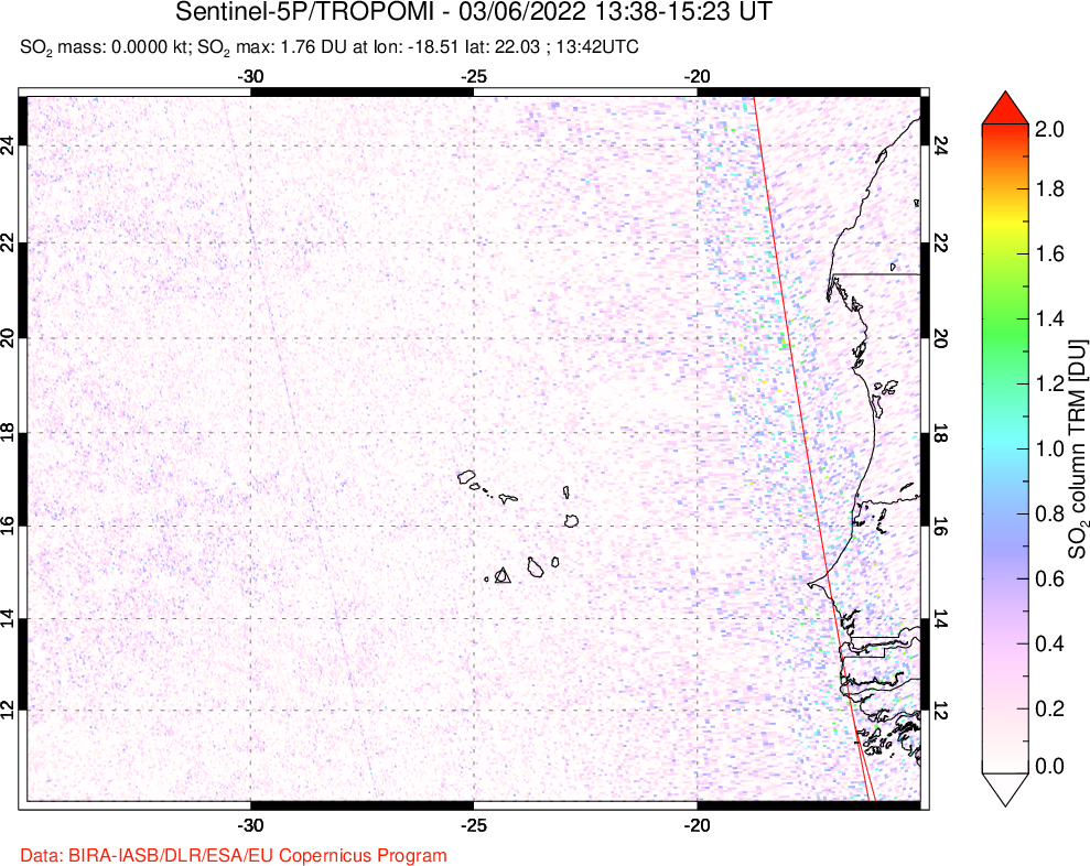 A sulfur dioxide image over Cape Verde Islands on Mar 06, 2022.