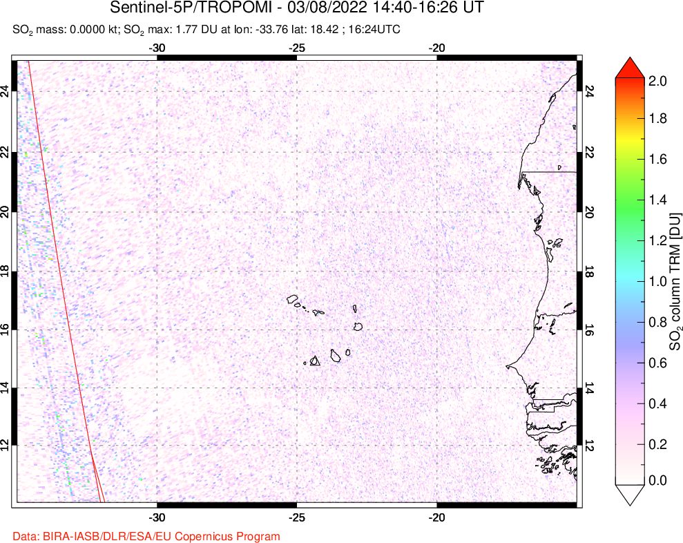 A sulfur dioxide image over Cape Verde Islands on Mar 08, 2022.