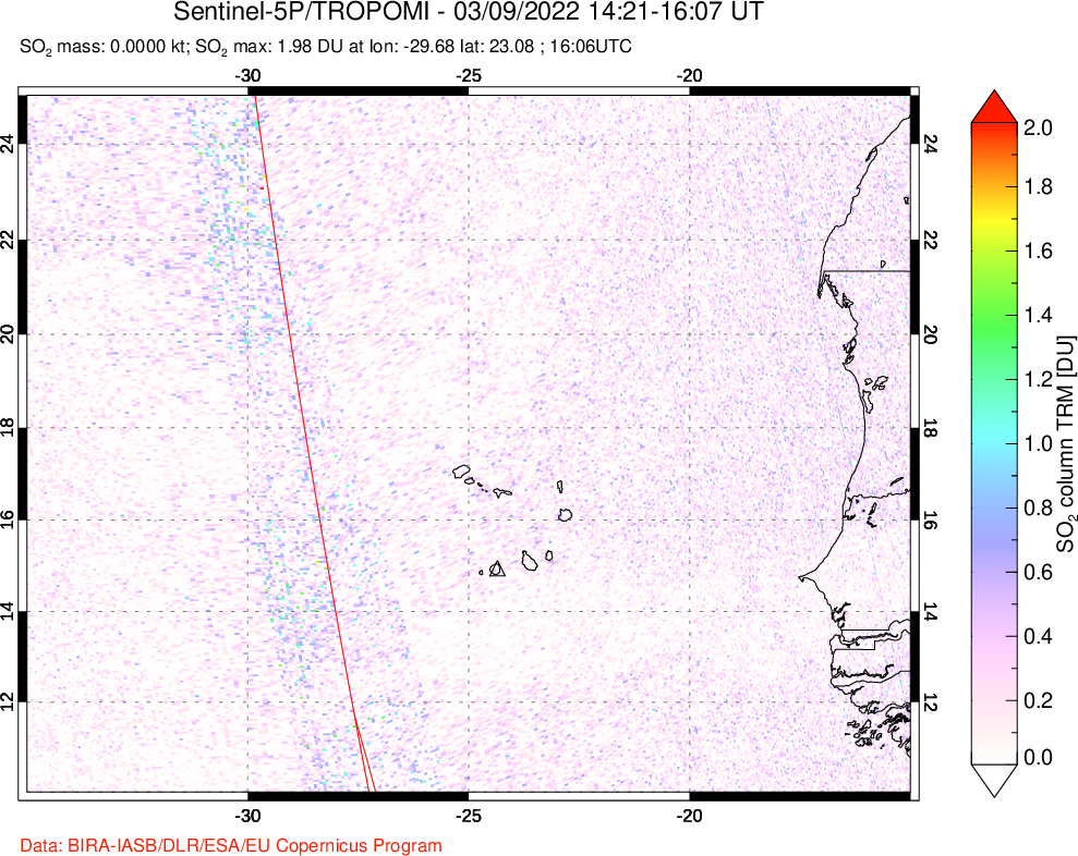 A sulfur dioxide image over Cape Verde Islands on Mar 09, 2022.