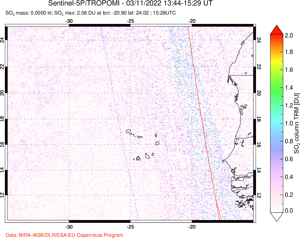 A sulfur dioxide image over Cape Verde Islands on Mar 11, 2022.