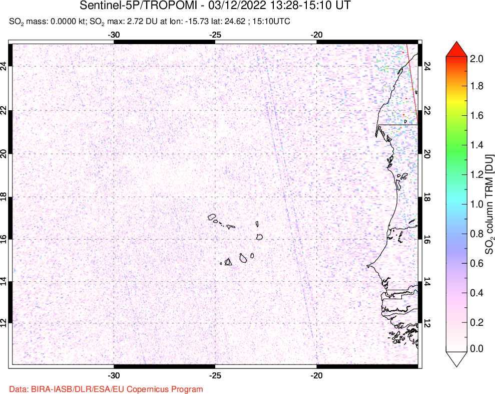 A sulfur dioxide image over Cape Verde Islands on Mar 12, 2022.