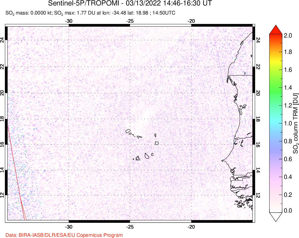 A sulfur dioxide image over Cape Verde Islands on Mar 13, 2022.