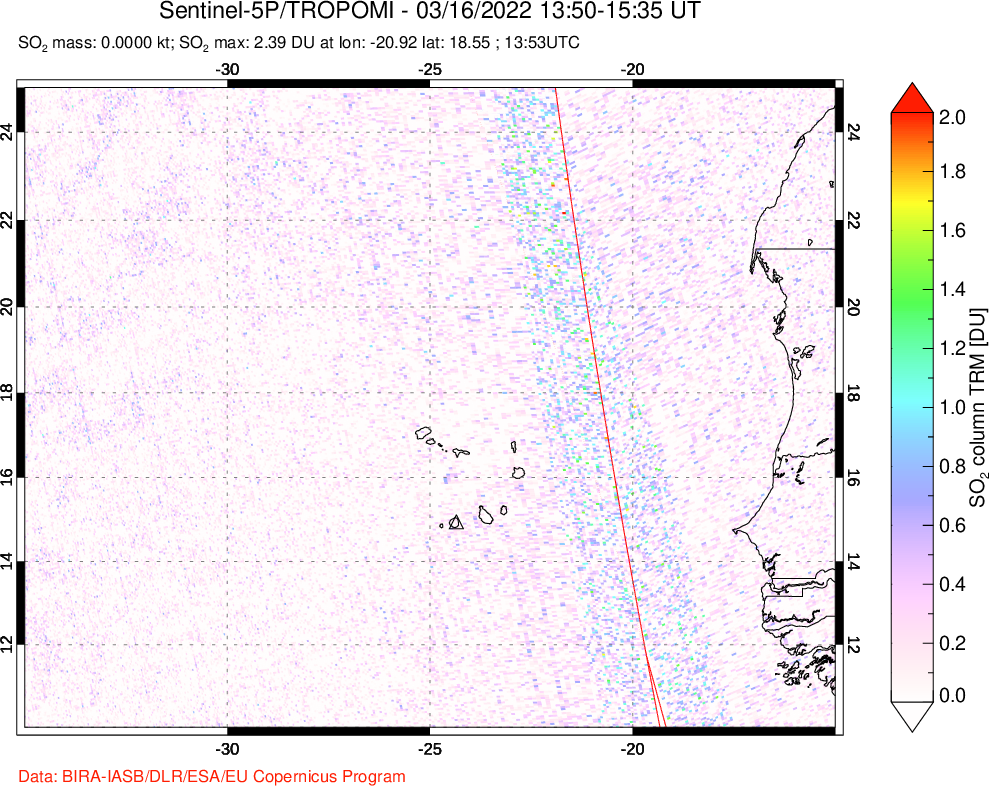 A sulfur dioxide image over Cape Verde Islands on Mar 16, 2022.