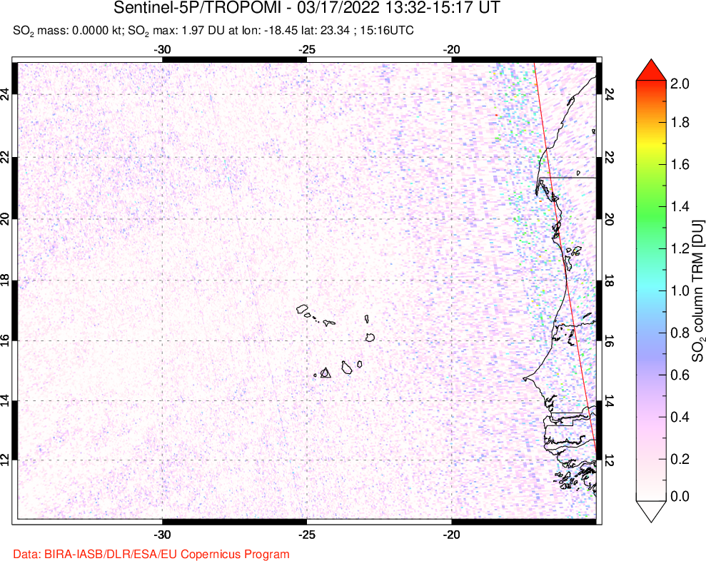 A sulfur dioxide image over Cape Verde Islands on Mar 17, 2022.