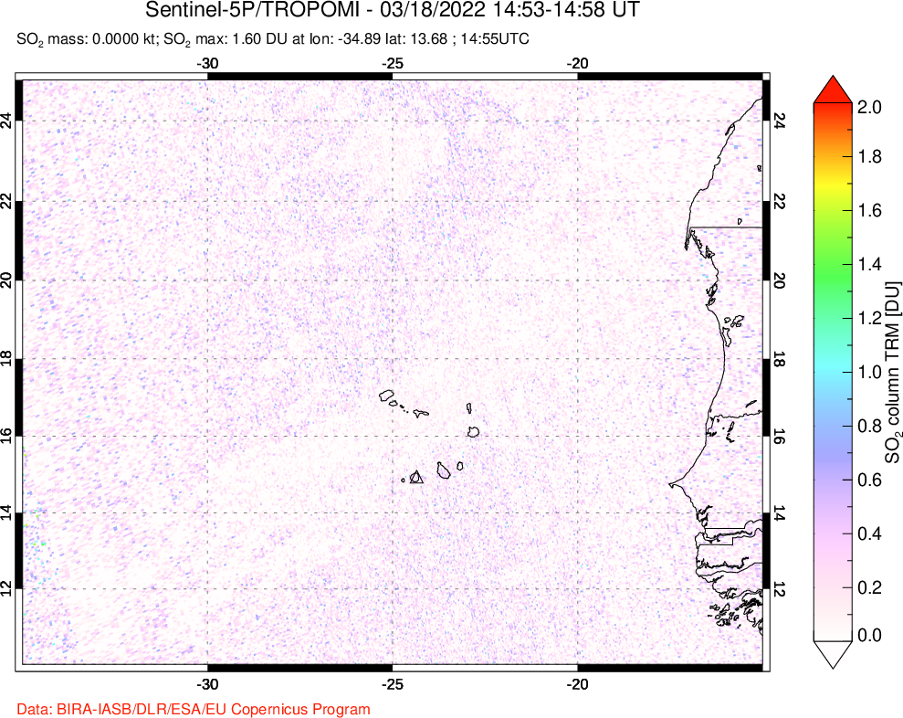 A sulfur dioxide image over Cape Verde Islands on Mar 18, 2022.