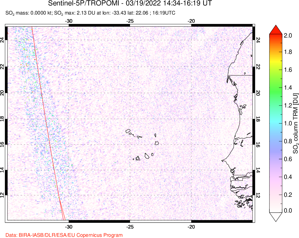 A sulfur dioxide image over Cape Verde Islands on Mar 19, 2022.
