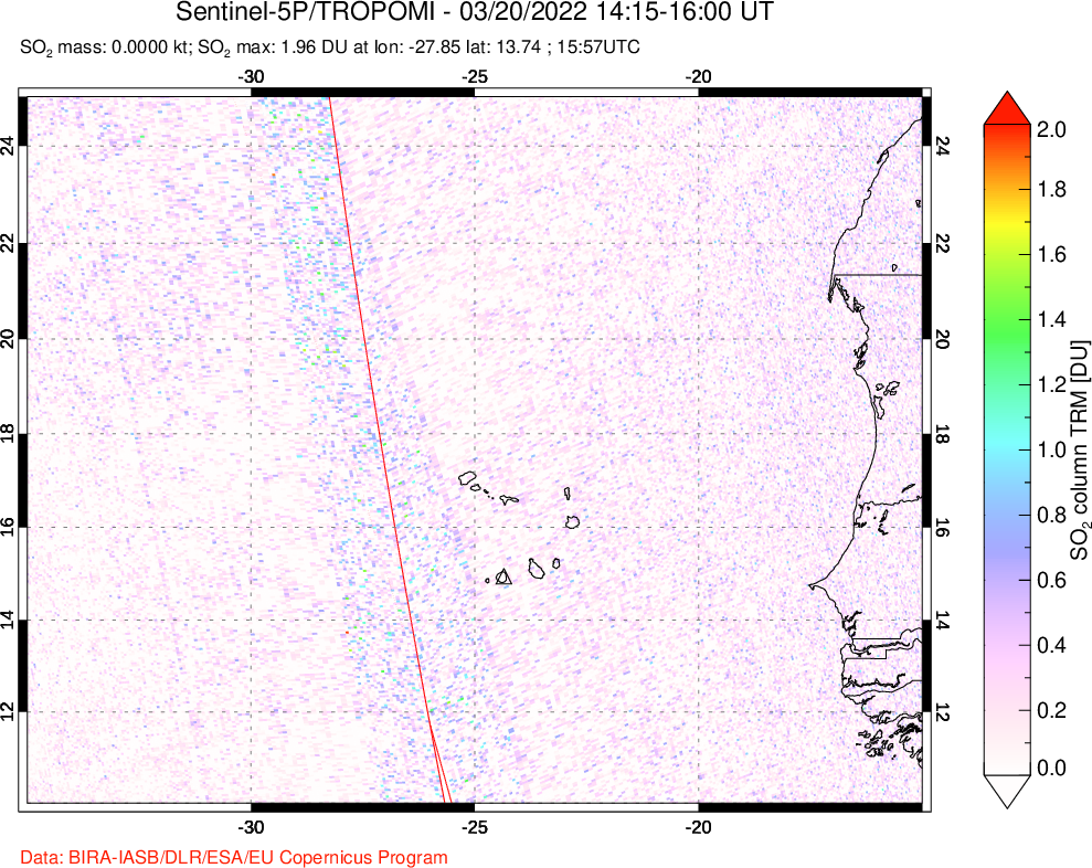 A sulfur dioxide image over Cape Verde Islands on Mar 20, 2022.