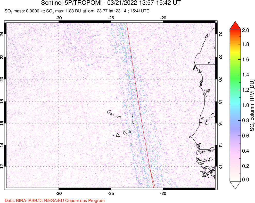 A sulfur dioxide image over Cape Verde Islands on Mar 21, 2022.