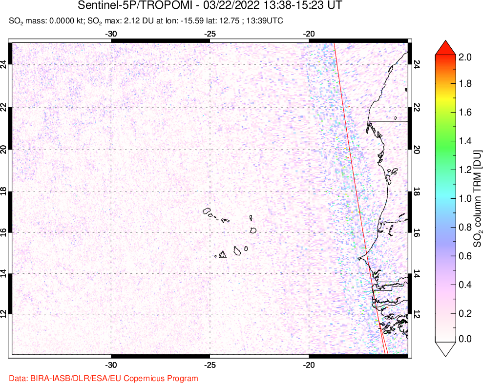 A sulfur dioxide image over Cape Verde Islands on Mar 22, 2022.