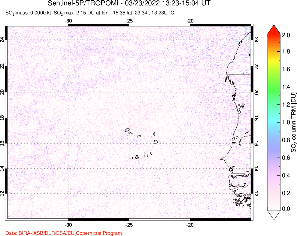 A sulfur dioxide image over Cape Verde Islands on Mar 23, 2022.