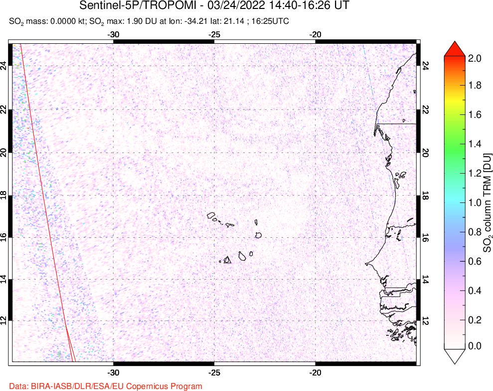 A sulfur dioxide image over Cape Verde Islands on Mar 24, 2022.