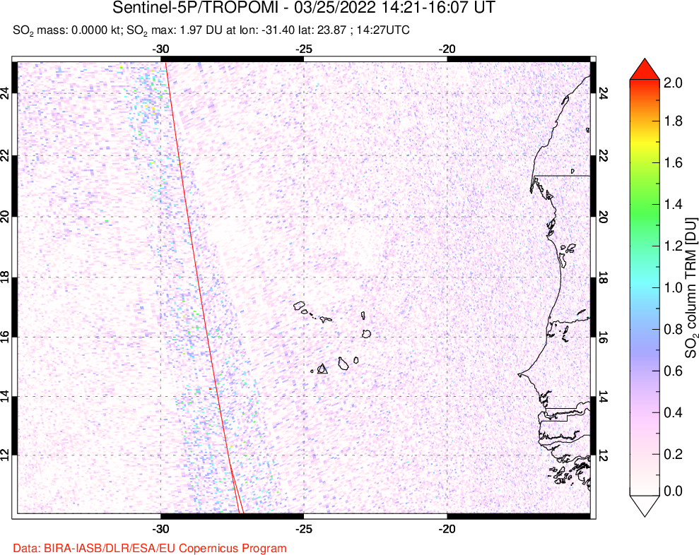A sulfur dioxide image over Cape Verde Islands on Mar 25, 2022.