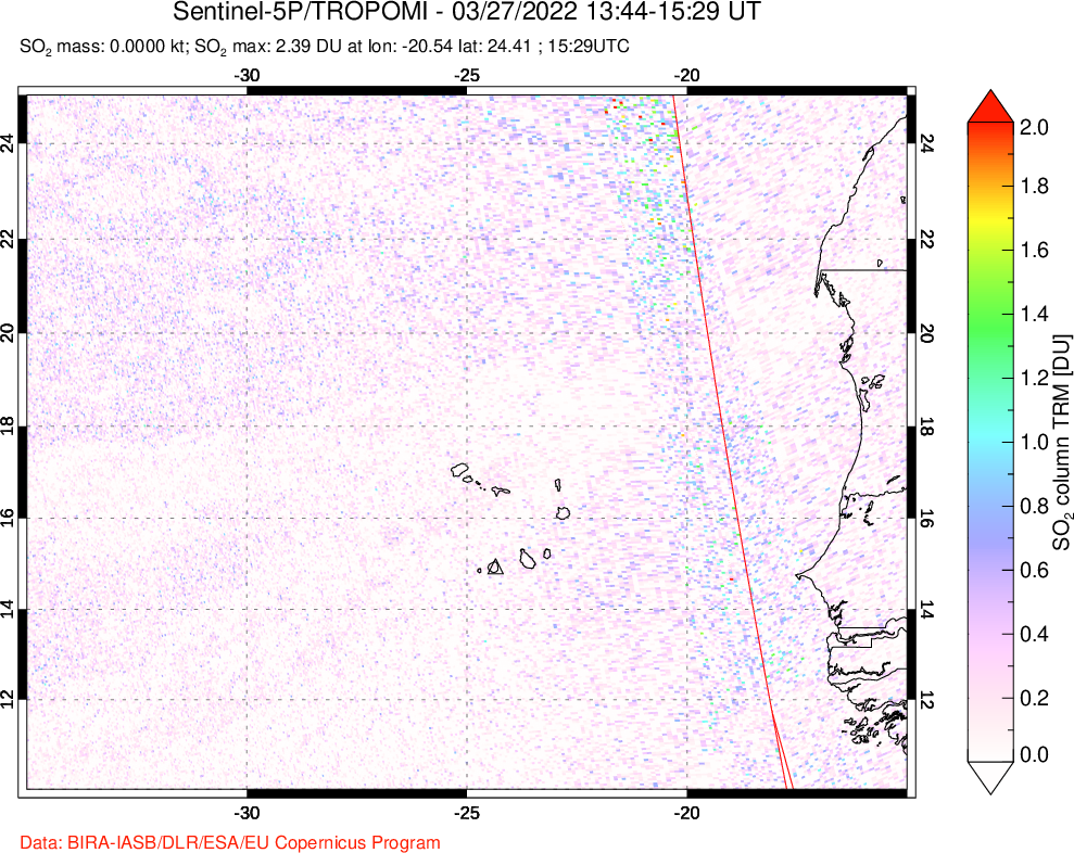 A sulfur dioxide image over Cape Verde Islands on Mar 27, 2022.