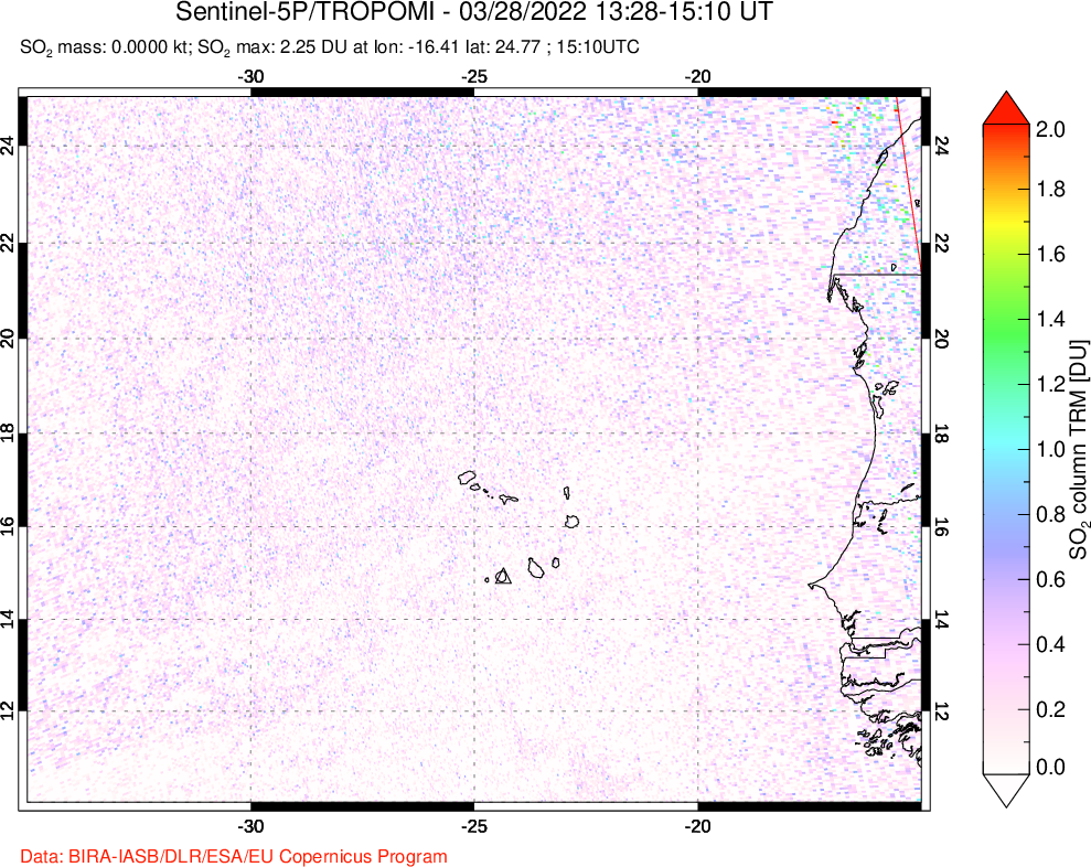 A sulfur dioxide image over Cape Verde Islands on Mar 28, 2022.