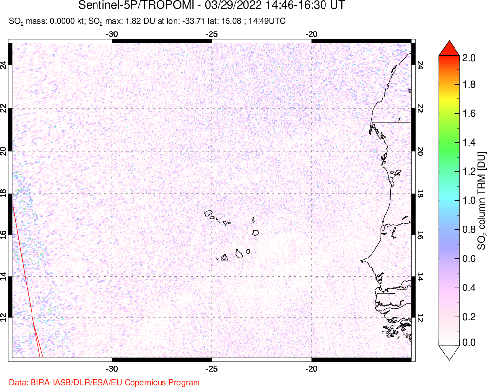 A sulfur dioxide image over Cape Verde Islands on Mar 29, 2022.