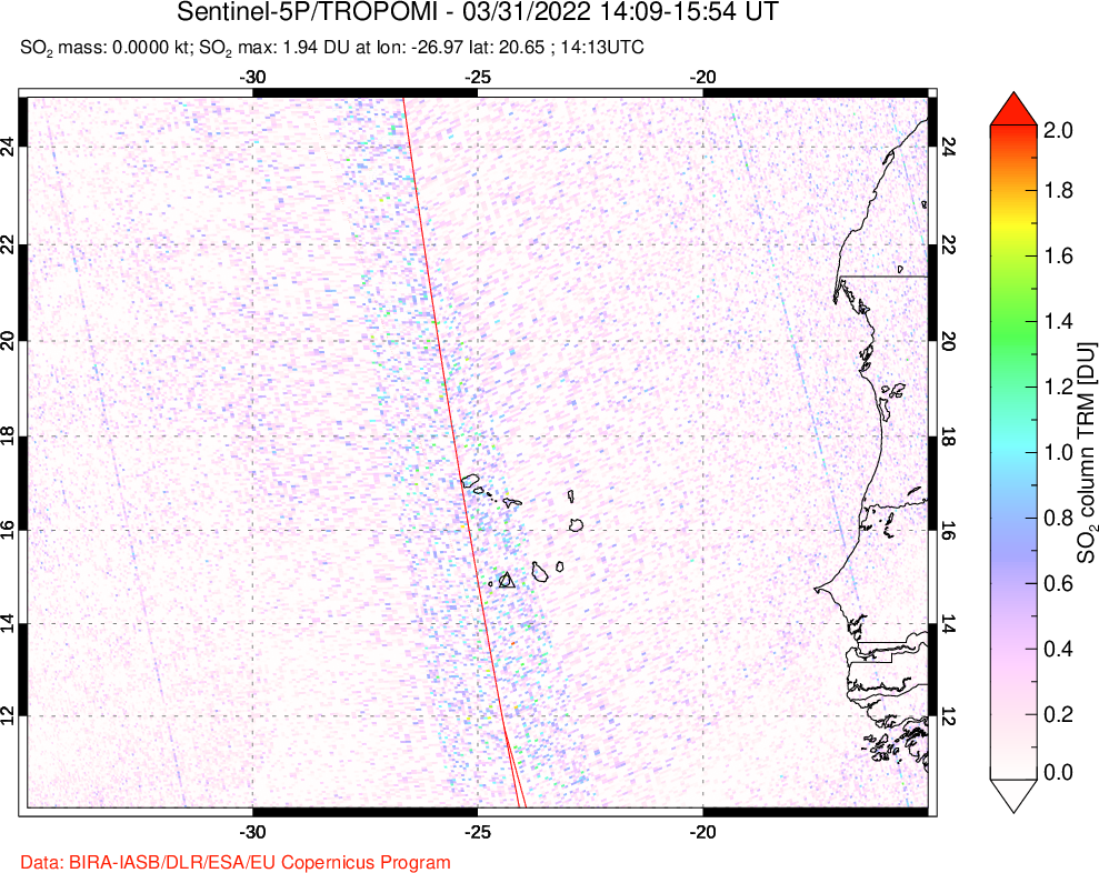 A sulfur dioxide image over Cape Verde Islands on Mar 31, 2022.