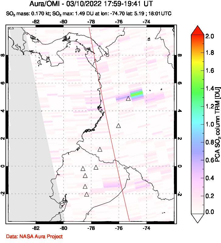 A sulfur dioxide image over Ecuador on Mar 10, 2022.