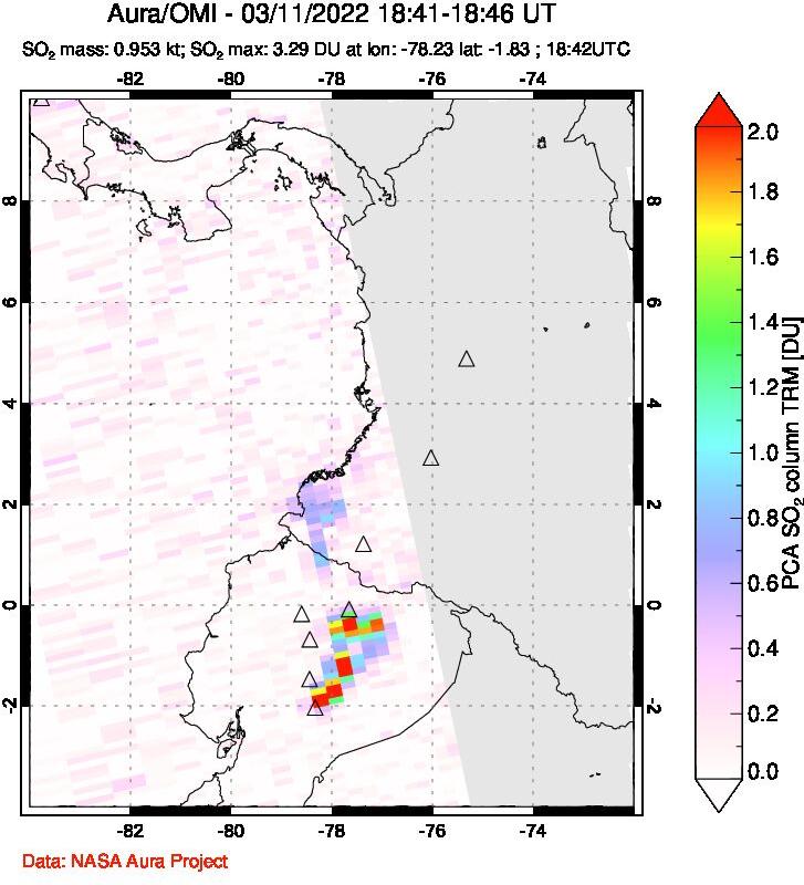 A sulfur dioxide image over Ecuador on Mar 11, 2022.