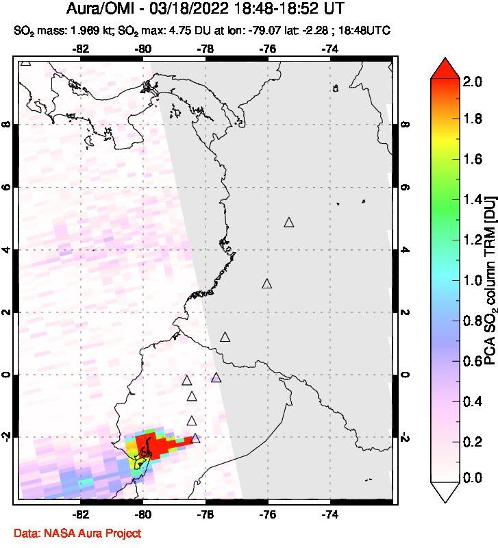 A sulfur dioxide image over Ecuador on Mar 18, 2022.