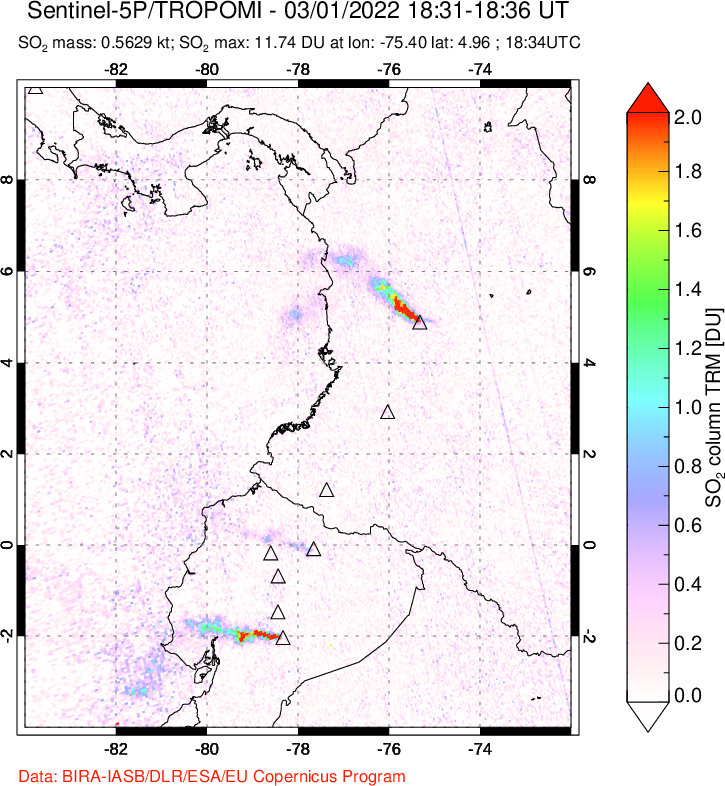 A sulfur dioxide image over Ecuador on Mar 01, 2022.