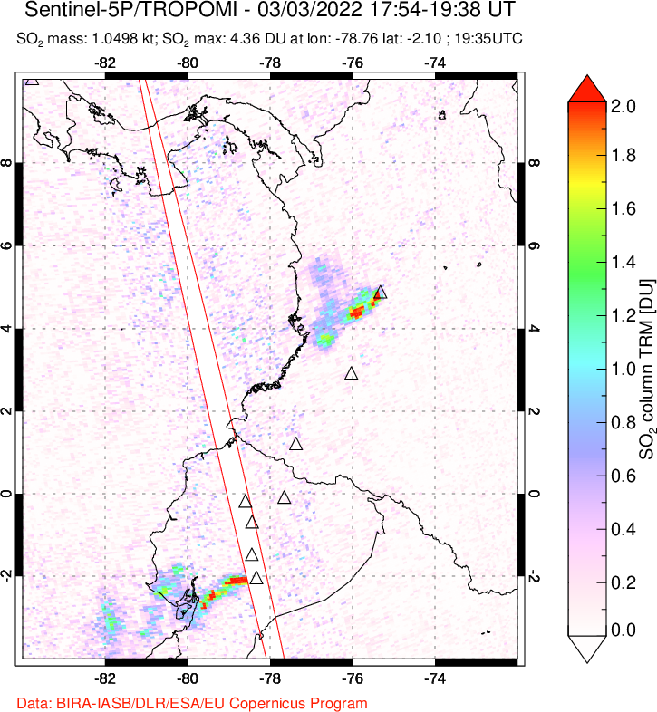 A sulfur dioxide image over Ecuador on Mar 03, 2022.