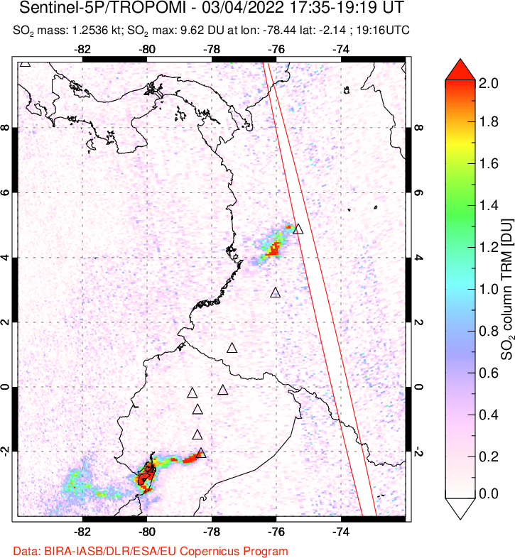A sulfur dioxide image over Ecuador on Mar 04, 2022.