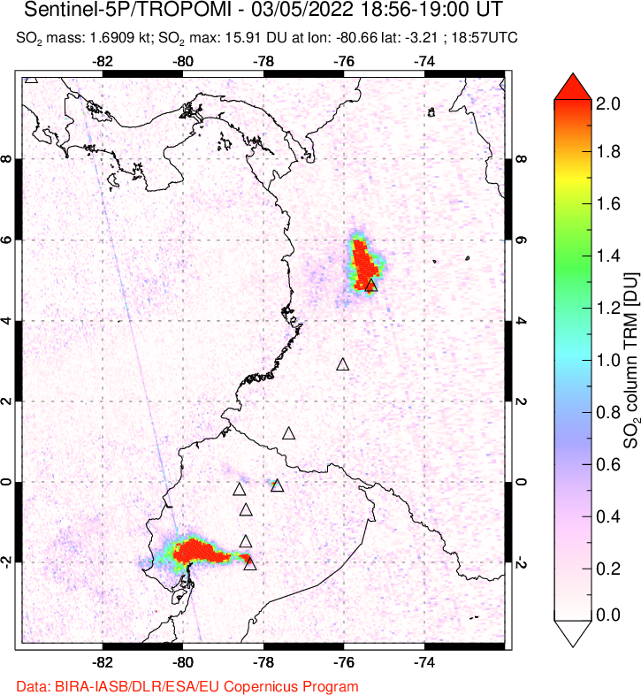 A sulfur dioxide image over Ecuador on Mar 05, 2022.