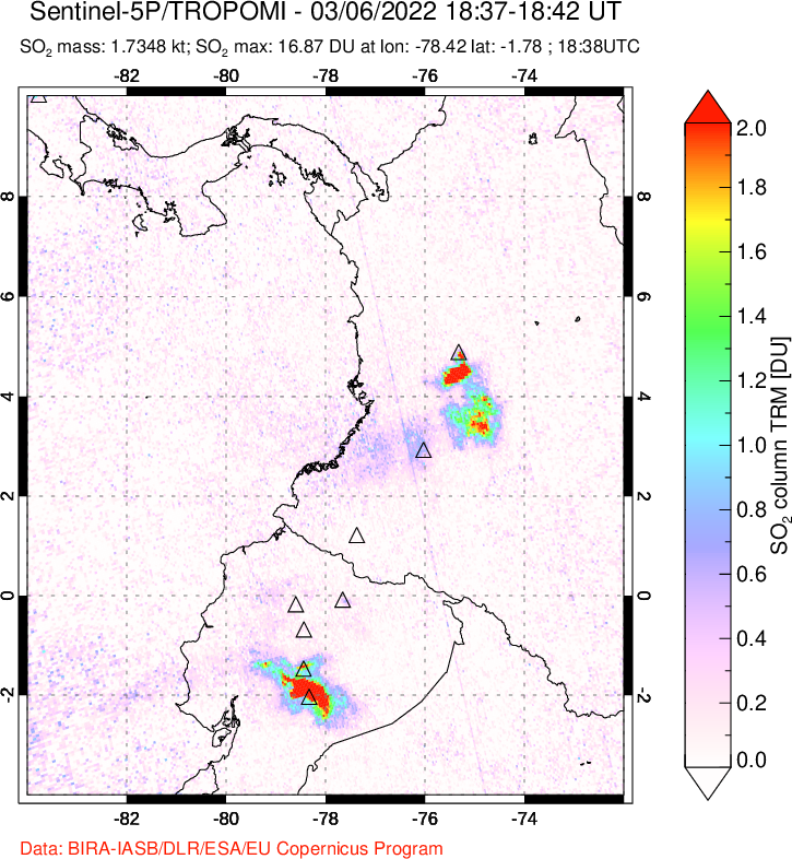 A sulfur dioxide image over Ecuador on Mar 06, 2022.