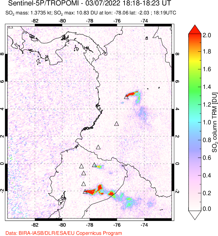 A sulfur dioxide image over Ecuador on Mar 07, 2022.