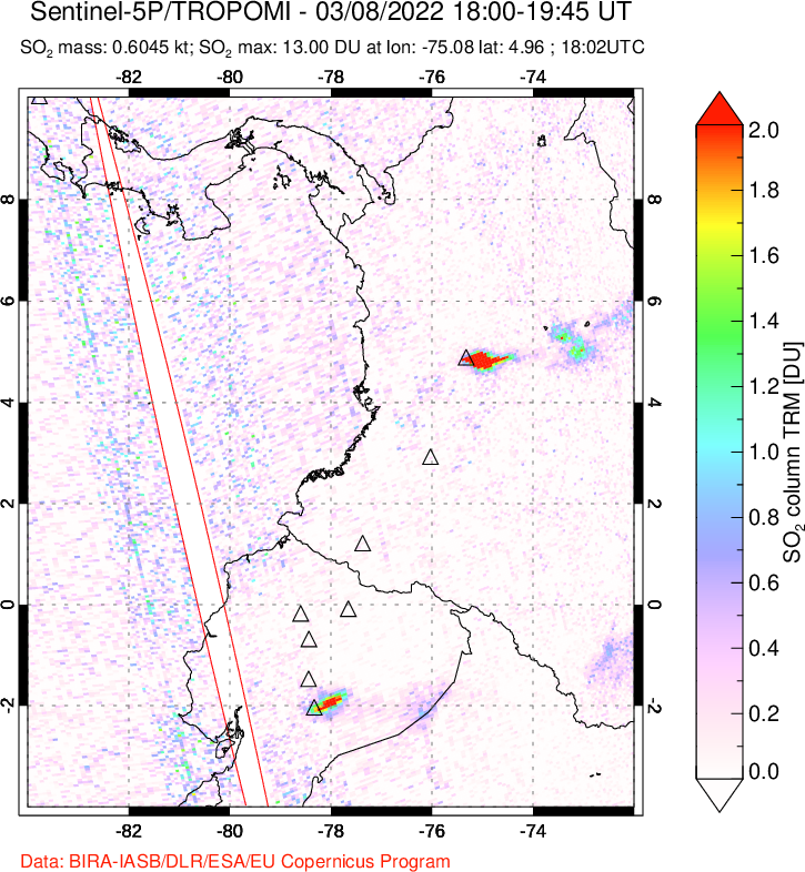 A sulfur dioxide image over Ecuador on Mar 08, 2022.