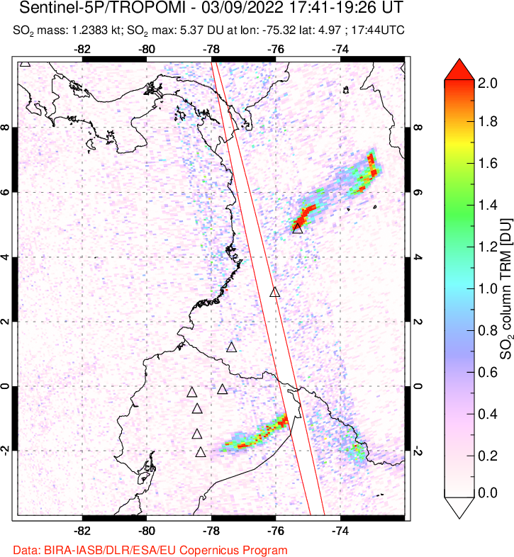 A sulfur dioxide image over Ecuador on Mar 09, 2022.