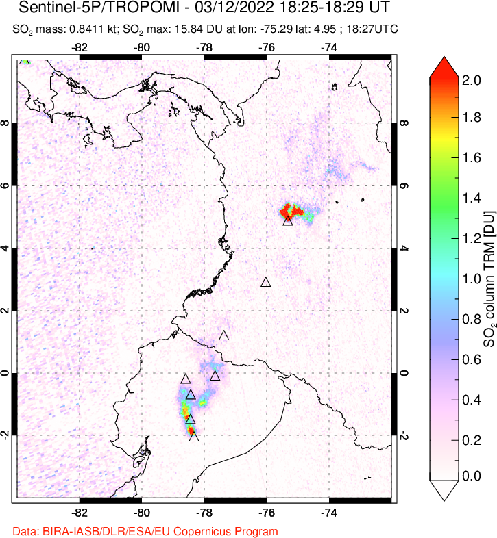 A sulfur dioxide image over Ecuador on Mar 12, 2022.