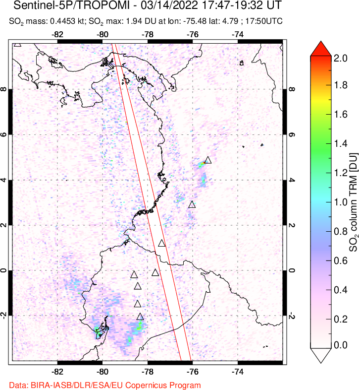 A sulfur dioxide image over Ecuador on Mar 14, 2022.