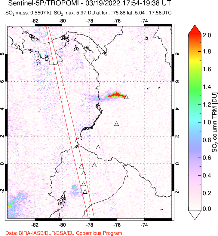 A sulfur dioxide image over Ecuador on Mar 19, 2022.