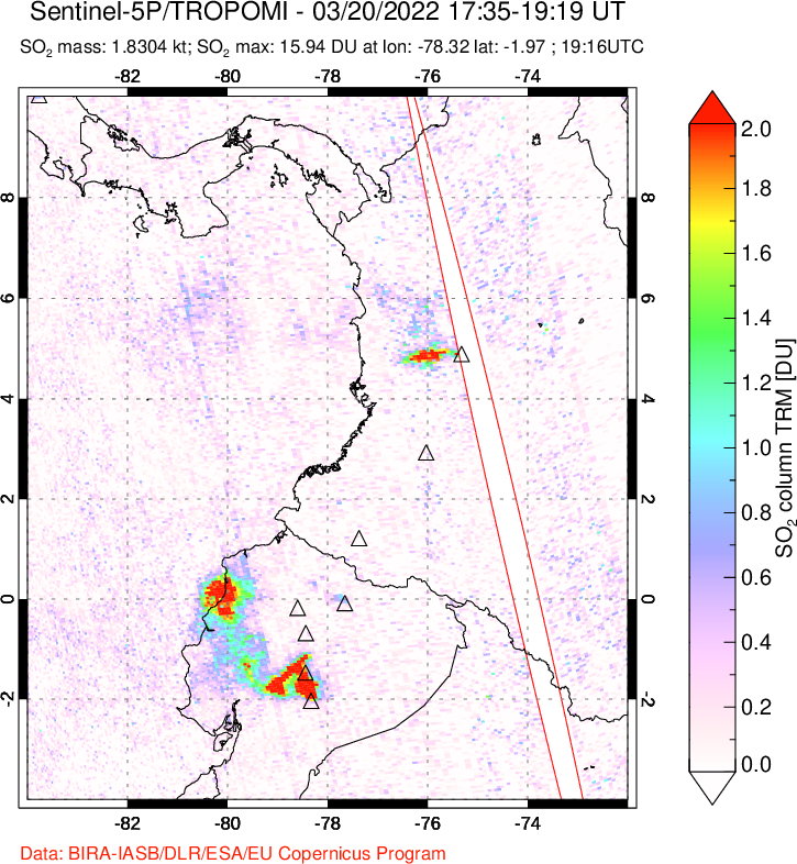 A sulfur dioxide image over Ecuador on Mar 20, 2022.