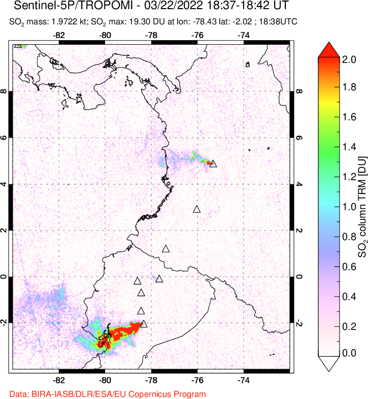 A sulfur dioxide image over Ecuador on Mar 22, 2022.