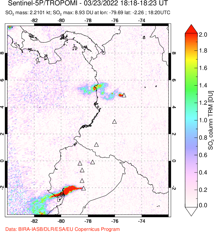 A sulfur dioxide image over Ecuador on Mar 23, 2022.