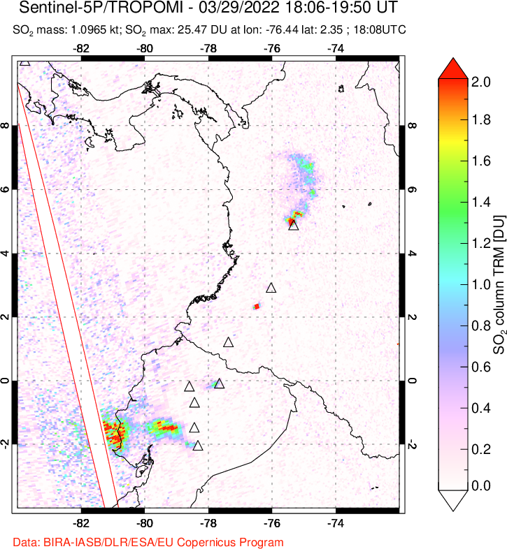 A sulfur dioxide image over Ecuador on Mar 29, 2022.