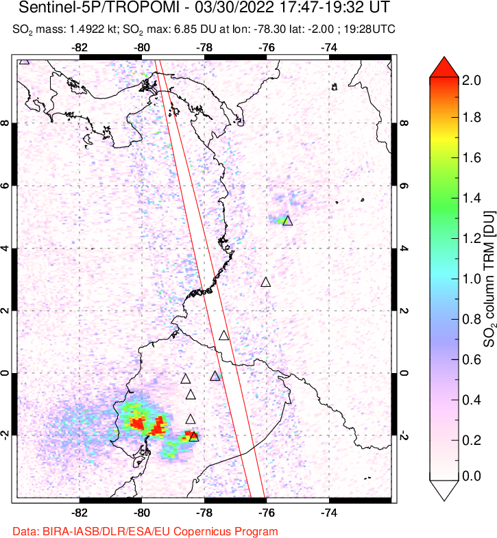 A sulfur dioxide image over Ecuador on Mar 30, 2022.