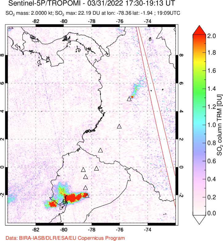 A sulfur dioxide image over Ecuador on Mar 31, 2022.