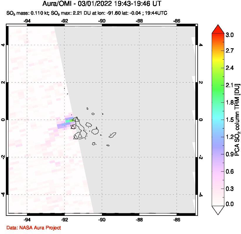 A sulfur dioxide image over Galápagos Islands on Mar 01, 2022.