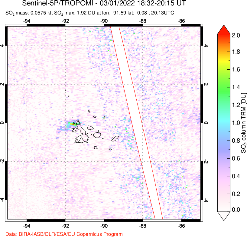 A sulfur dioxide image over Galápagos Islands on Mar 01, 2022.