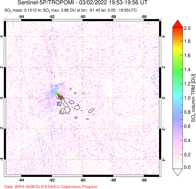 A sulfur dioxide image over Galápagos Islands on Mar 02, 2022.