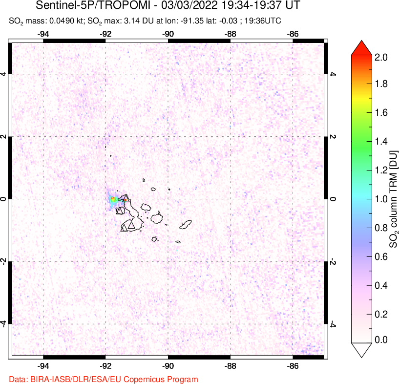 A sulfur dioxide image over Galápagos Islands on Mar 03, 2022.