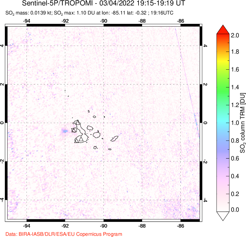A sulfur dioxide image over Galápagos Islands on Mar 04, 2022.