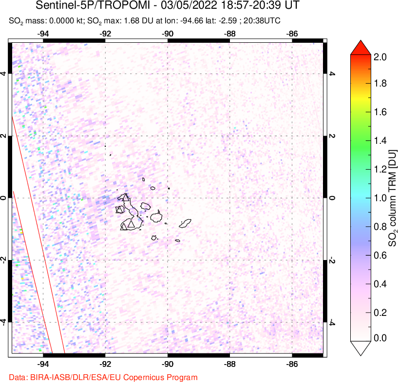 A sulfur dioxide image over Galápagos Islands on Mar 05, 2022.