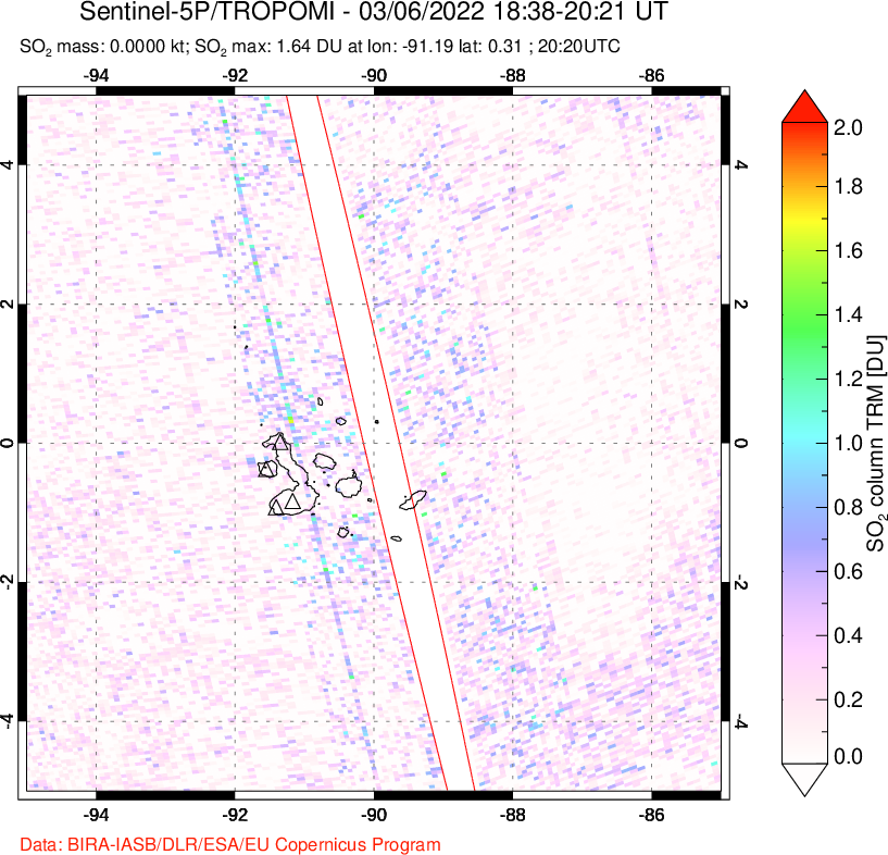 A sulfur dioxide image over Galápagos Islands on Mar 06, 2022.