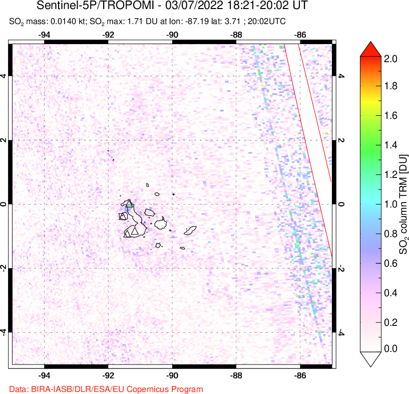 A sulfur dioxide image over Galápagos Islands on Mar 07, 2022.
