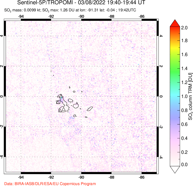 A sulfur dioxide image over Galápagos Islands on Mar 08, 2022.